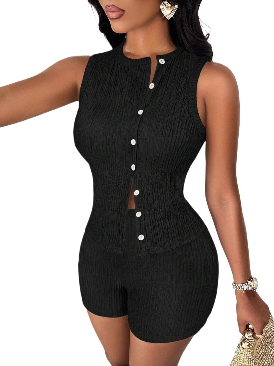 Women's Casual Button Sleeveless Top And Shorts 2-Piece Set For Summer And Vacation