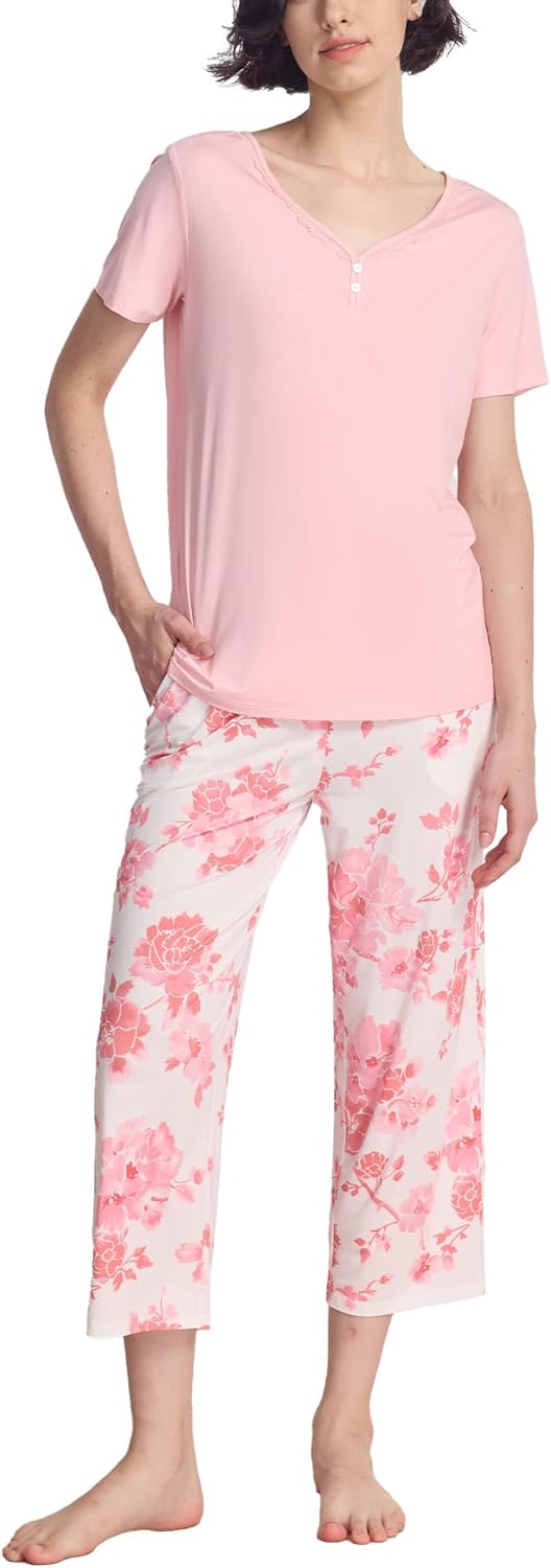 GYS Pajama Sets for Women Soft Bamboo Viscose Short Sleeve Top with Capri Pants 2 Piece Sleepwear