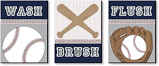 Big Dot of Happiness Batter Up - Baseball - Kids Bathroom Rules Wall Art - 7.5 x 10 inches - Set of 3 Signs - Wash, Brush, Flush