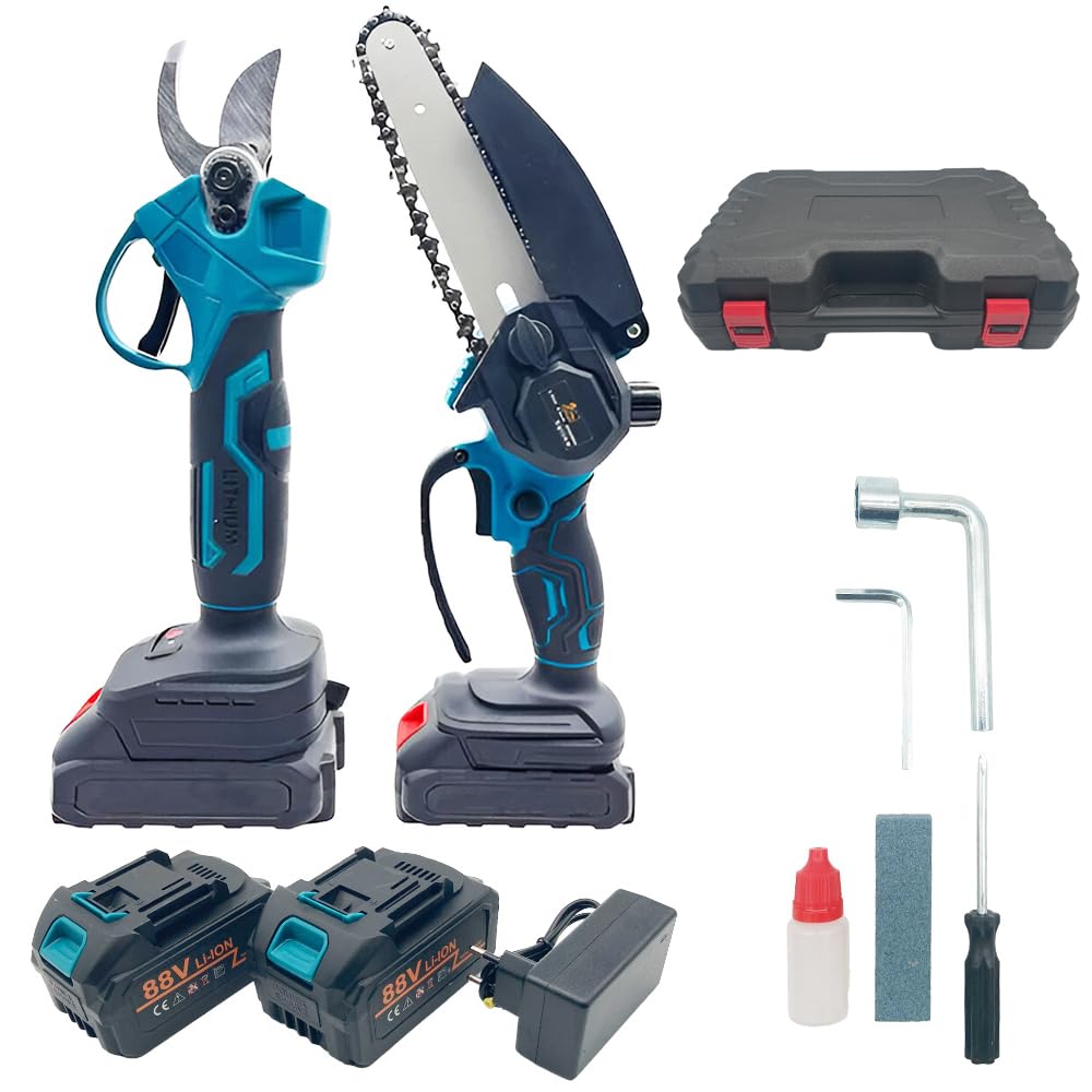 Set Mini Motosega Elettrica 6” e Tronchese Elettrica – Kit Potatura Completo con 2 Batterie, Forbici Elettriche da Giardino