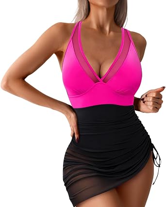 Women One Piece Swim Dress Tummy Control Swimsuits Slimming Mesh Sheer Sarong Wraps Bathing Suits