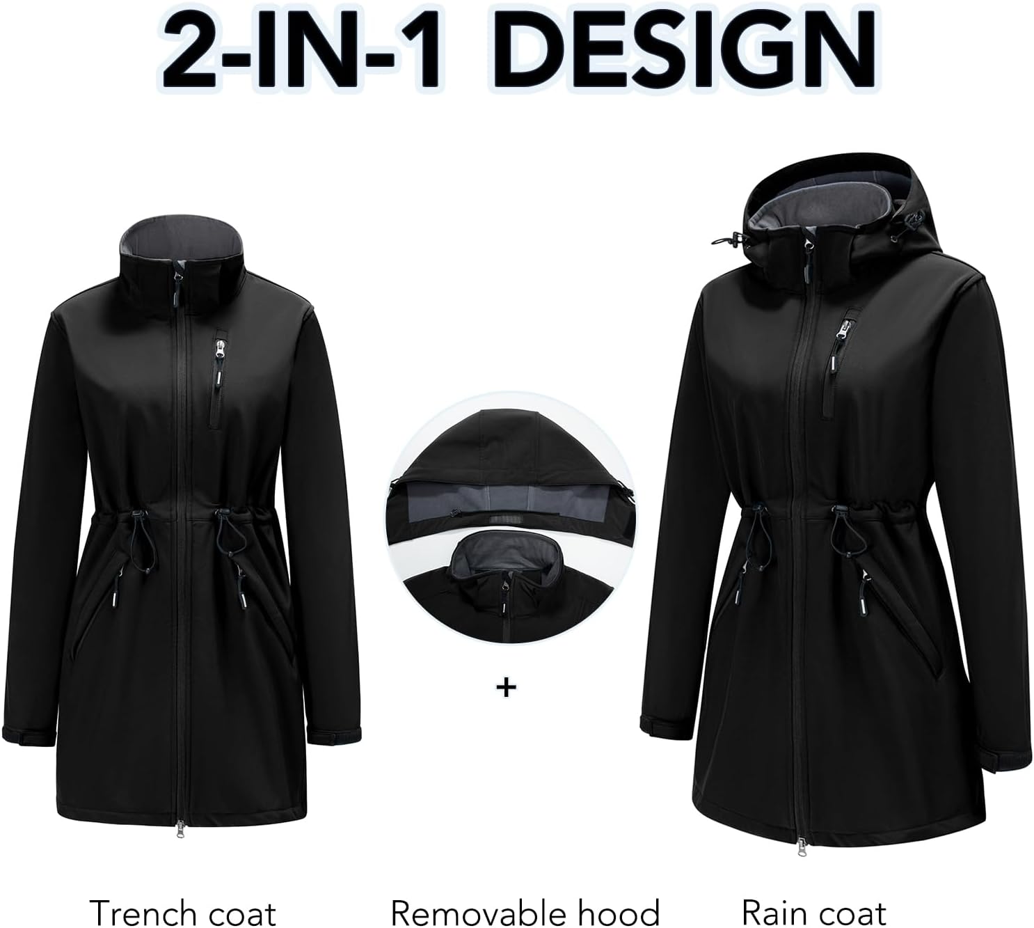 Women’s Softshell Jacket Lightweight Long Rain Coat Hooded Waterproof Windproof Fleece Lined Insulated Windbreaker - Image 3