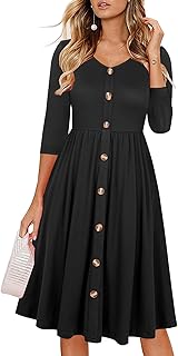 Women's Casual Fall 3/4 Sleeve V-Neck Button Down A-Line Swing Party Dress - Buy now