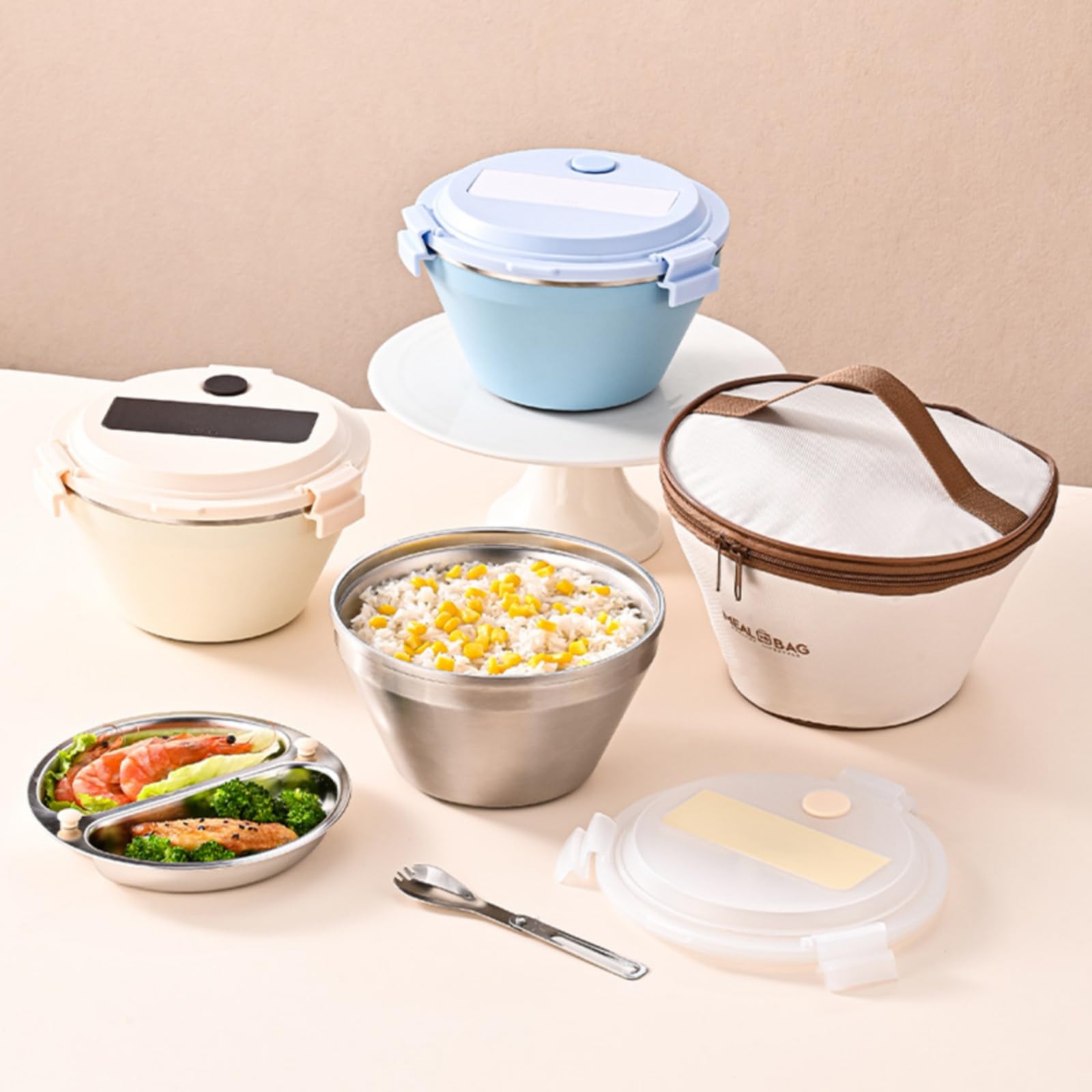 Contenitore Termico Pranzo Bento Box Contenitore Scatola Porta Vivande Doppio Strato per Riso Pasta Insalate Separate Coperchio Bloccabile con Sfiato, Array, Blu