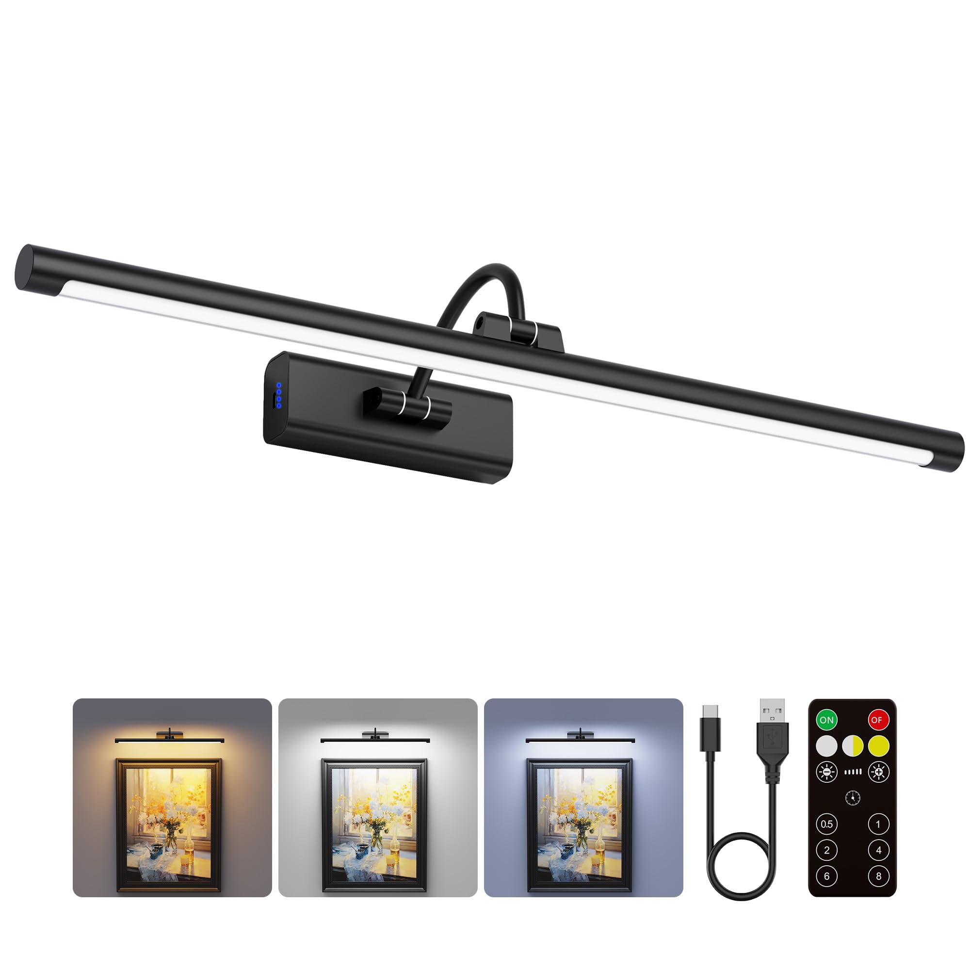 Craftersmark 24" Picture Light with 8000mAh Battery - Black Operated Wireless Wall Sconce with Remote & Timer for Large Paintings, Photo, Canvas & Artwork — image 1