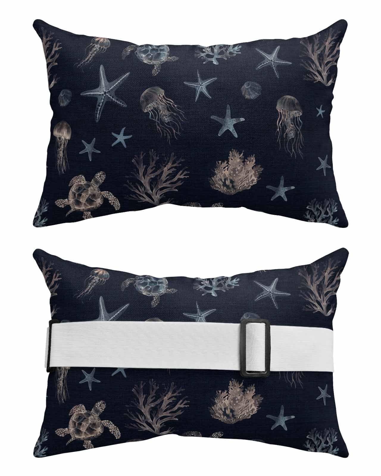 Outdoor Pillows Covers with Inserts Ocean Turtle Starfish Jellyfish Coral Navy Blue Waterproof Pillow with Adjustable Strap Throw Pillows for Patio Furniture Pool Lounge Chair, 11x16 Inch, 2PCS