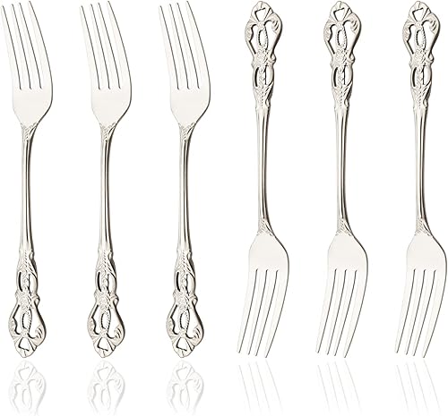 Uniturcky - Juego de 6 tenedores de postre de acero inoxidable plateado pequeño, tenedores de metal pulido con espejo, cubiertos modernos, tenedores