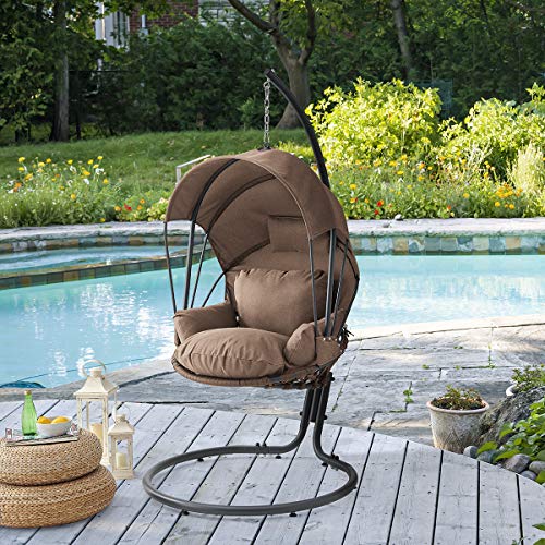 Barton Deluxe Hanging Chair Brown W/Canopy Sun Shade Deep Cushion Lounge Seating Outdoor Indoor Patio Bedroom Hanging Swinging #TOP18