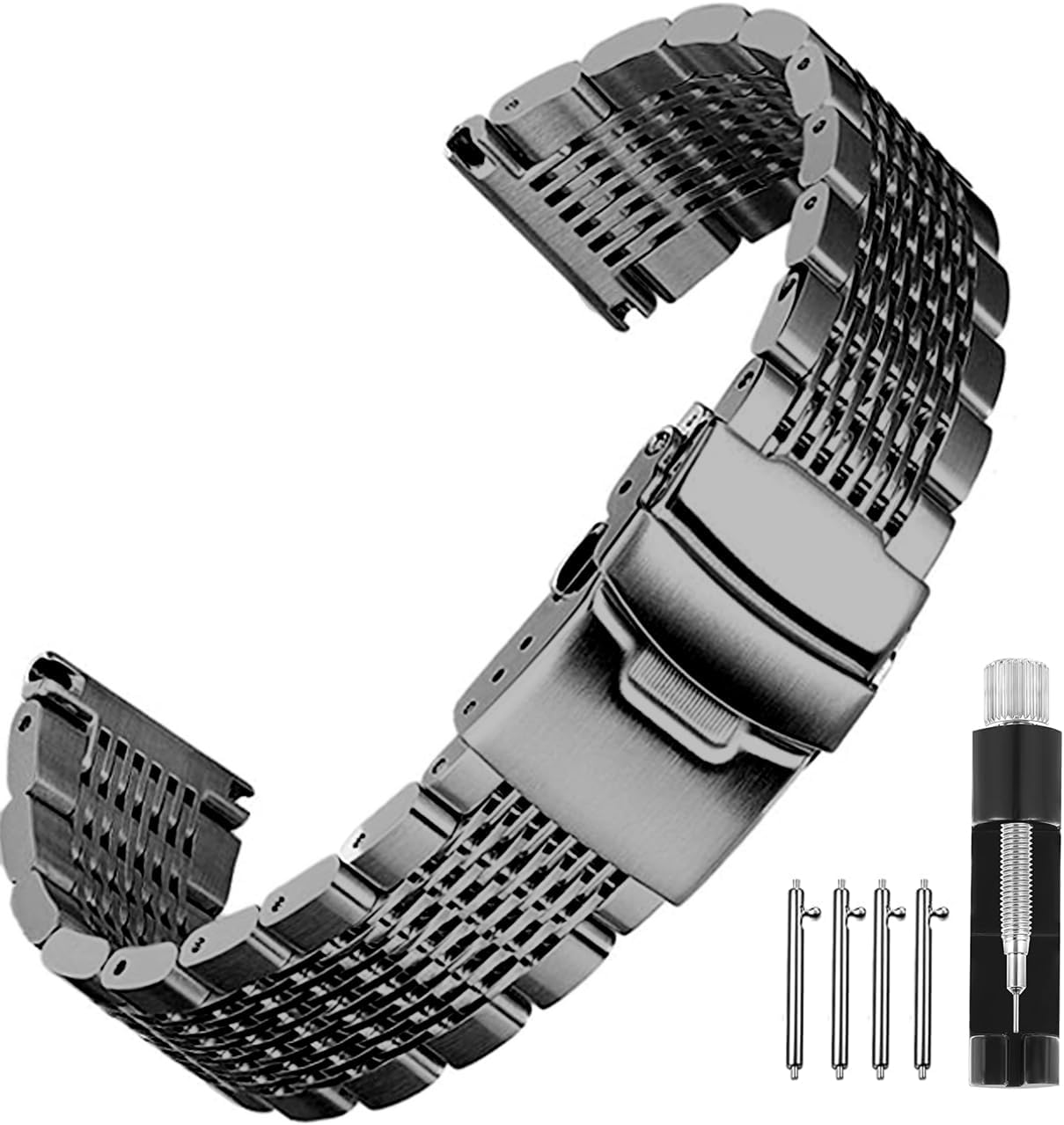 Stainless Steel Watch Band 18mm 20mm 22mm 24mm, Solid Polished Mesh Watch Bands Silver Black Rose Gold Watch Bracelet with Double-Lock Deployment Clasp Watch Strap for Men Women