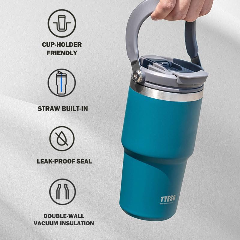TYESO Tumbler with Handle,Tumbler with Straw, Vacuum Insulated Water Bottle,Double Wall Stainless Steel Coffee Cup Travel Mug Leak Proof Flip (GREEN, 40 oz) - Image 6