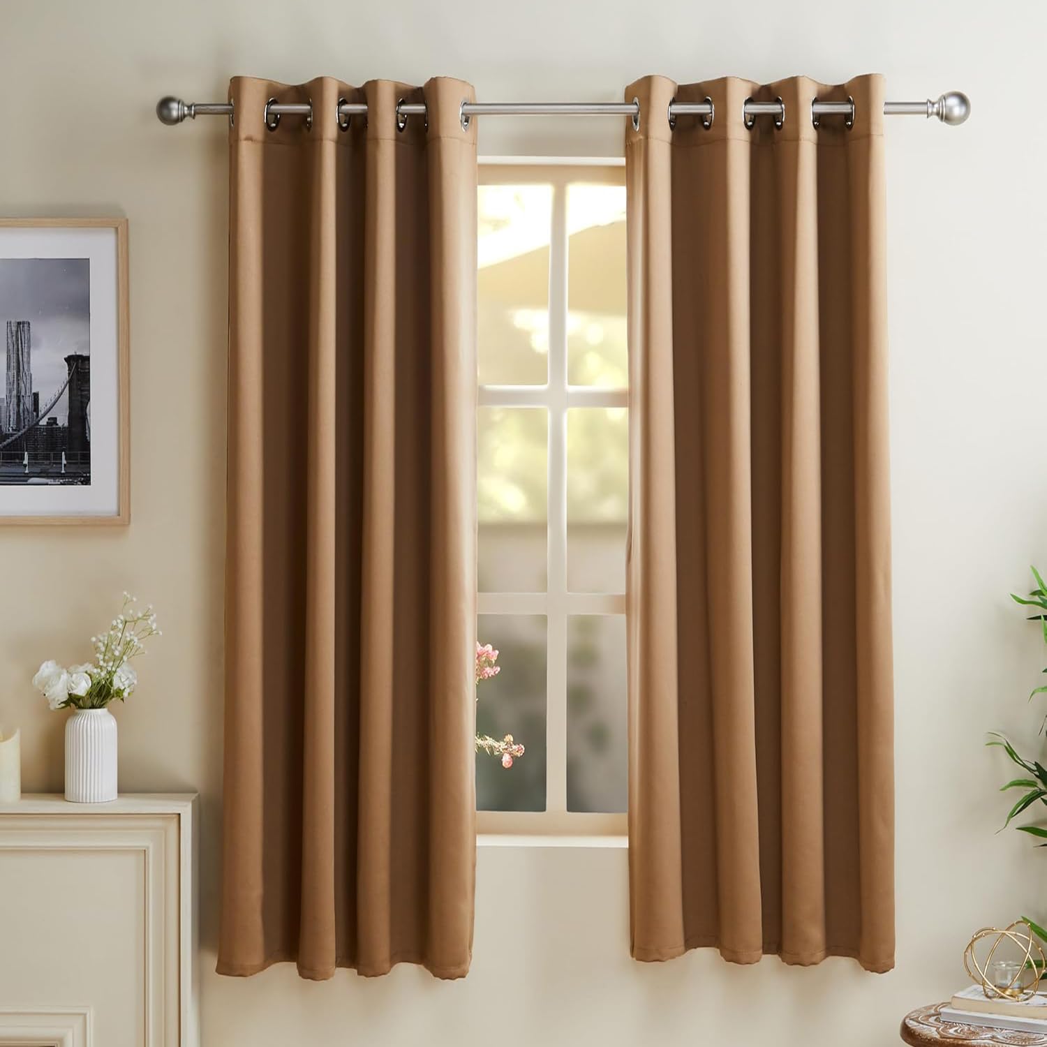 Amazon Basics - Room Darkening Blackout Window Curtains, 100% Room Darkening | 5 Feet |Set of 2| Plain Design | for Living Room and Bedroom | 115cmx150cm, Color- Gold