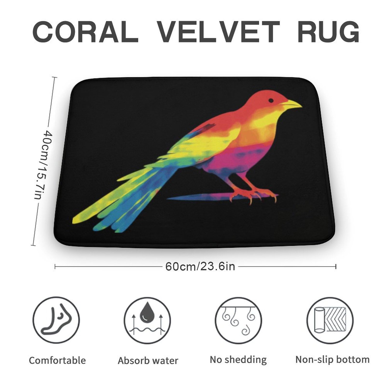 Tie Dye Magpie Rainbow Print Bird Coral Velvet Rugs Non-Slip Bathroom Rugs Soft Kitchen Rug Floor Carpet for Home Decor 15.7