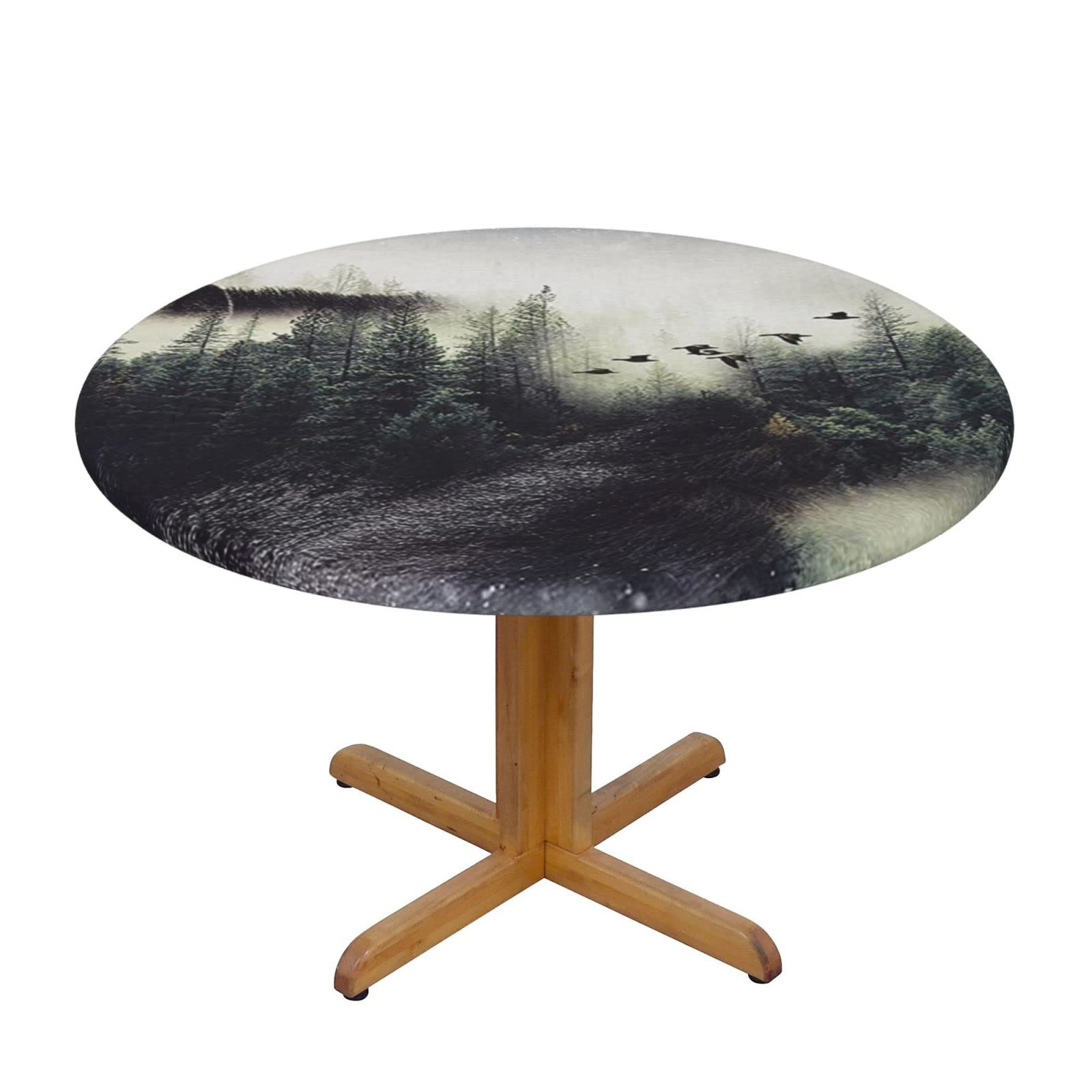 Lsjuee Round Fitted Tablecloth 45-50in Elastic Edged Table Cloth for Kitchen Dining Party Home Decor - Abstract Bear Tree
