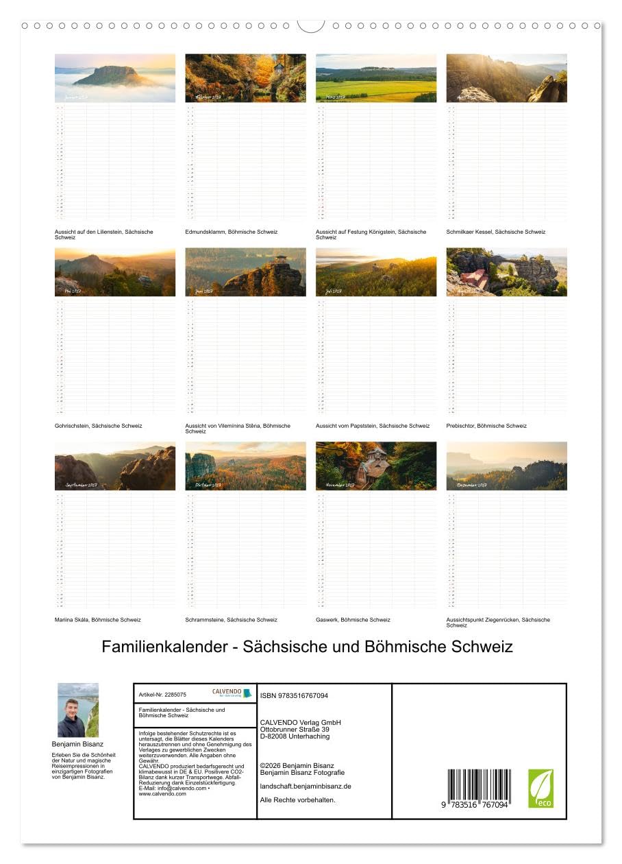 Familienkalender - Sächsische und Böhmische Schweiz (hochwertiger Premium Wandkalender 2027 DIN A2 hoch), Kunstdruck in Hochglanz: Entdecke das Elbsandsteingebirge mit Ortsangaben (CALVENDO Natur)