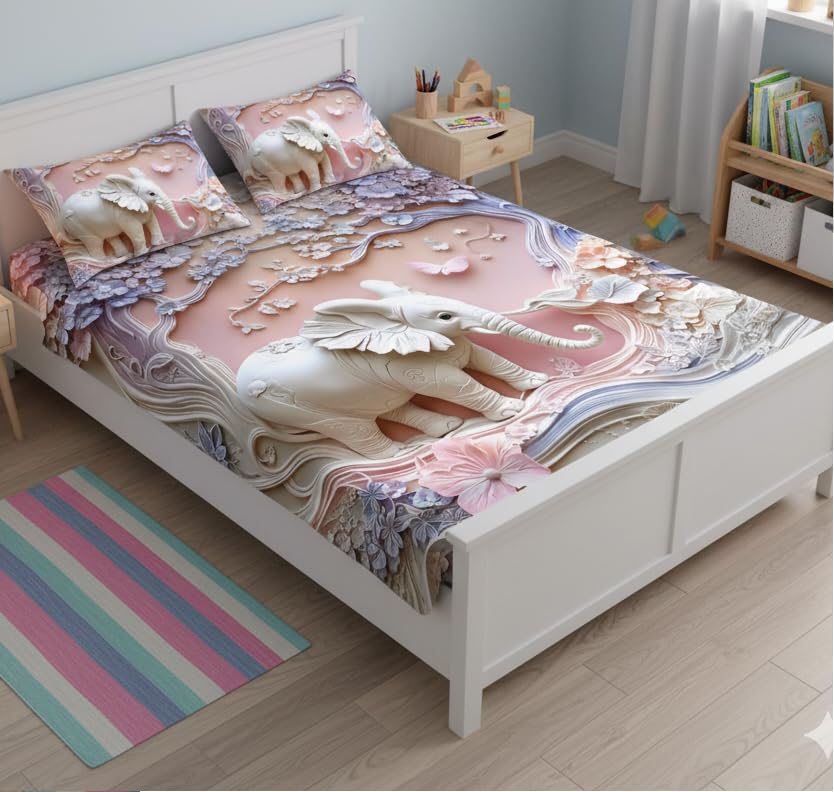 Image of 7D Double Bedsheet - 90x100 Inch with 2 Pillow Covers | Cute Printed 7D Design Bed Sheet for Kids & Couples (Pink)