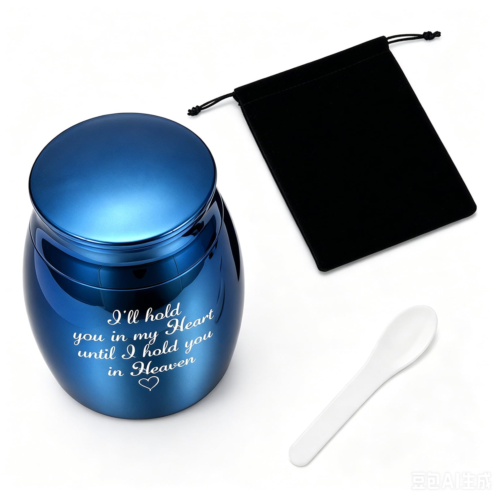 Premium Mini Keepsake Urn for Human & Pet Ashes, Small Aluminium Memorial Ash Storage with Waterproof Seal, Includes Filling Spoon & Velvet Pouch for Funeral Cremation (Blue)