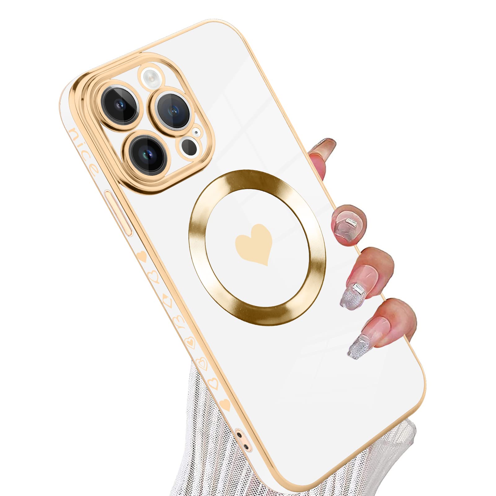 tharlet Funda magnética para iPhone 15 Pro [compatible con Magsafe] Cute Love Luxury Plating Edge Bumper Case con lente de cámara completa para iPhone 15 Pro, blanco (6.1 pulgadas)