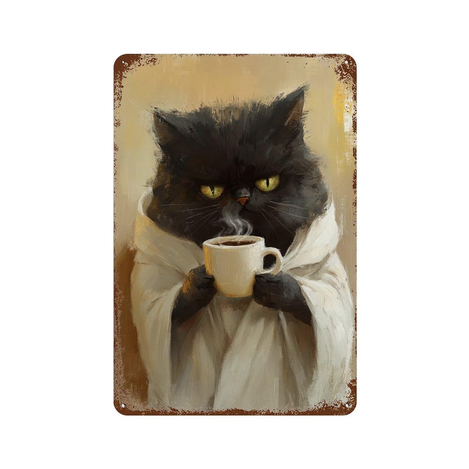 Grumpy Cat with Coffee Mug Vintage Metal Tin Sign 11.8"x7.9", Farmhouse Wall Decor for Garage, Bar And Workshop Decor