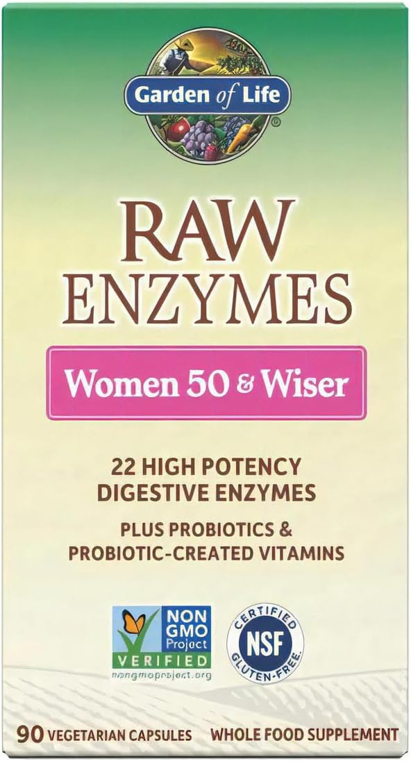 Garden of Life 22 Digestive Enzymes for Women 50 & Over with Bromelain, Papain & Lactase plus Probiotics & Vitamins B12, Biotin & Zinc – RAW Enzymes – Non-GMO, Gluten-Free, Vegetarian, 90 capsules