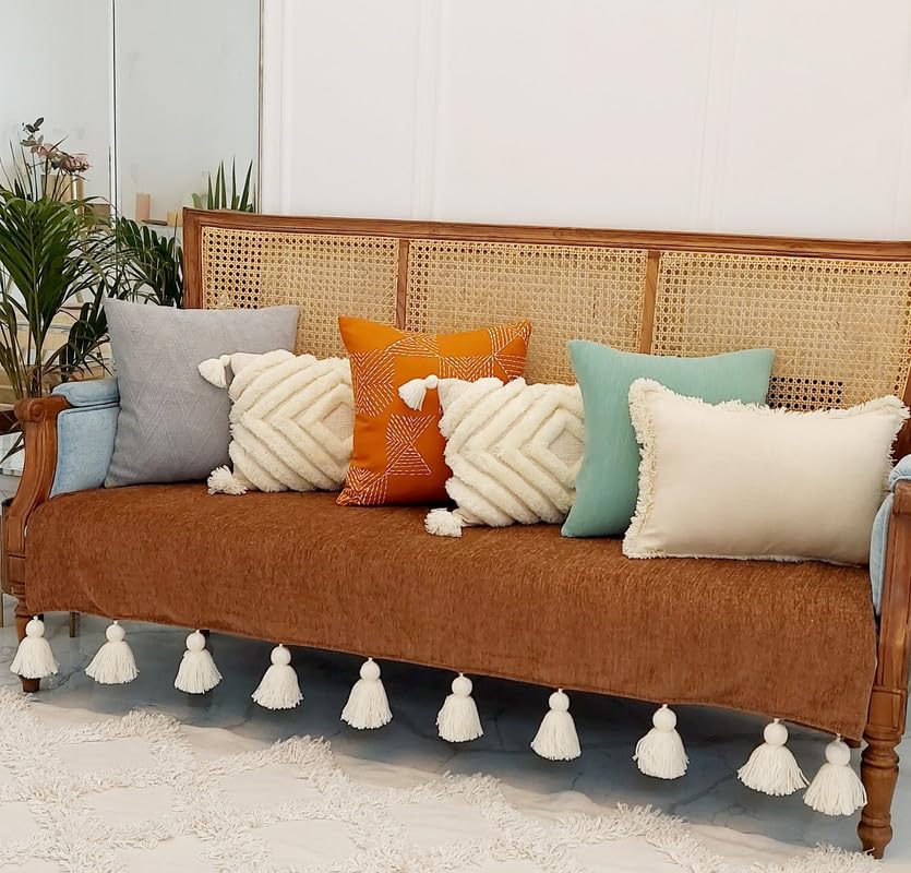 WWW.THROWPILLOW.IN Almond Brown Tassel Sofa Cover 3 Seater: Couch Slipcover: Thick Fabric, Designer Premium Furnishings, Anti-Slip, Sofa Protector:Sofa Seat Cover 3 Seater, Size: 65 x 170 CMS