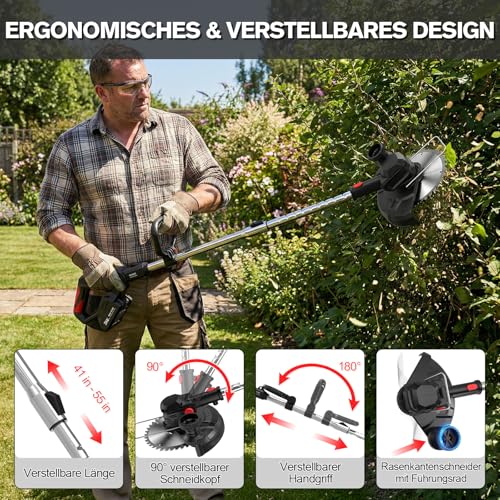SMILOVII Rasentrimmer mit Akku 21V, 4-in-1 Freischneider & Motorsense 24000 RPM, Rasenkantenschneider inkl. 2X 2.0Ah Batterien, Rädern, 90° drehbarer Kopf & LCD-Anzeige (Profi-Serie)