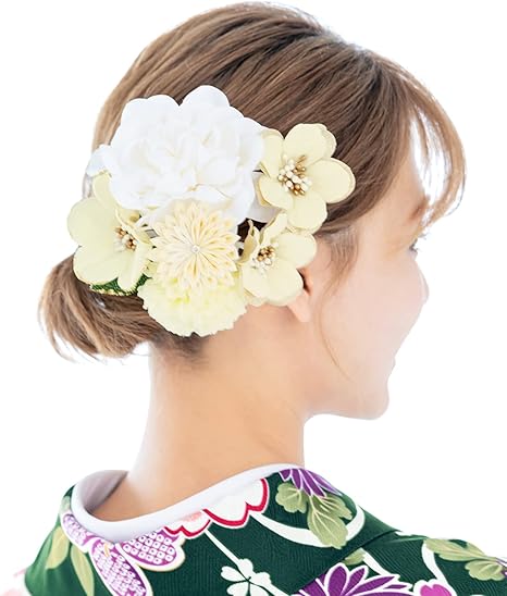 Amazon ソウビエン 髪飾り 成人式 卒業式 2点セット クリーム ホワイト ピンポンマム 菊 つまみ細工 ラインストーン コーム Uピン 振袖 袴 日本製 和装小物 通販