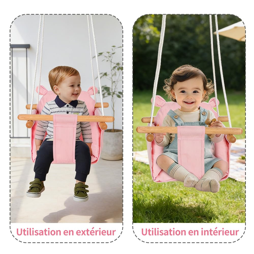 Columpio de Madera para Bebé, Columpio para Niños Osos, a partir de 6 Meses, Instalación Interior/Exterior, Carga Max 25 kg (Rosa)