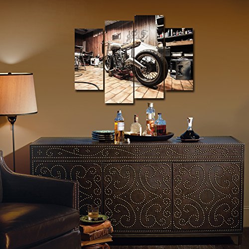 Ulinked Art 4 Panels Vintage Vehicle Pictures Racing Motorcycle In The Workshop For Repair Motocross Drawing Giclee Painting On Canvas Home Decoration Living Room Office Wall Art #TOP3