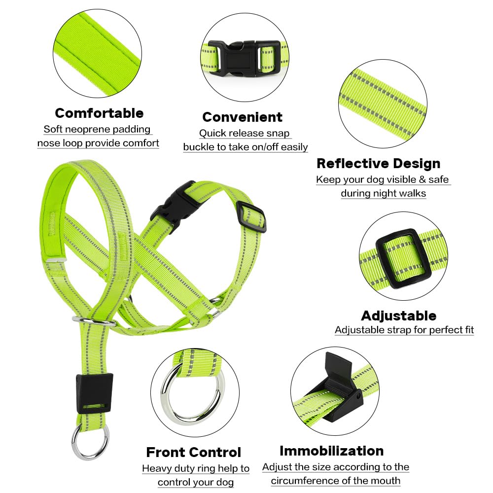Collar de cabeza de perro sin tirones, collar reflectante para perros, collar acolchado para evitar tirones pesados, correa antitirones (verde, grande (hocico de 7.9 a 17.3 pulgadas)