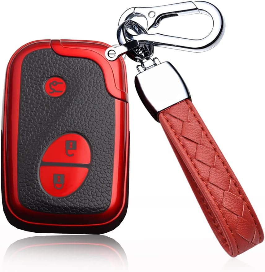 HIBEYO TPU Carbon Fiber Texture Car Key Fob Cover with Keychain fits for Lexus Ct200H Gx460 Gx400 Is250 Is300C Rx270 Es240 Es350 Ls460 Car Key Case Cover Smart Remote Car Key Holder 3 Button Red