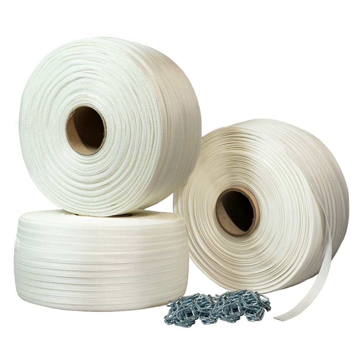 TECPLAST Pack 3 Feuillards de cerclage tressés PFT3 19 mm x 500 m + 500 Boucles OFFERTES - Feuillard textile Résistance 750kg