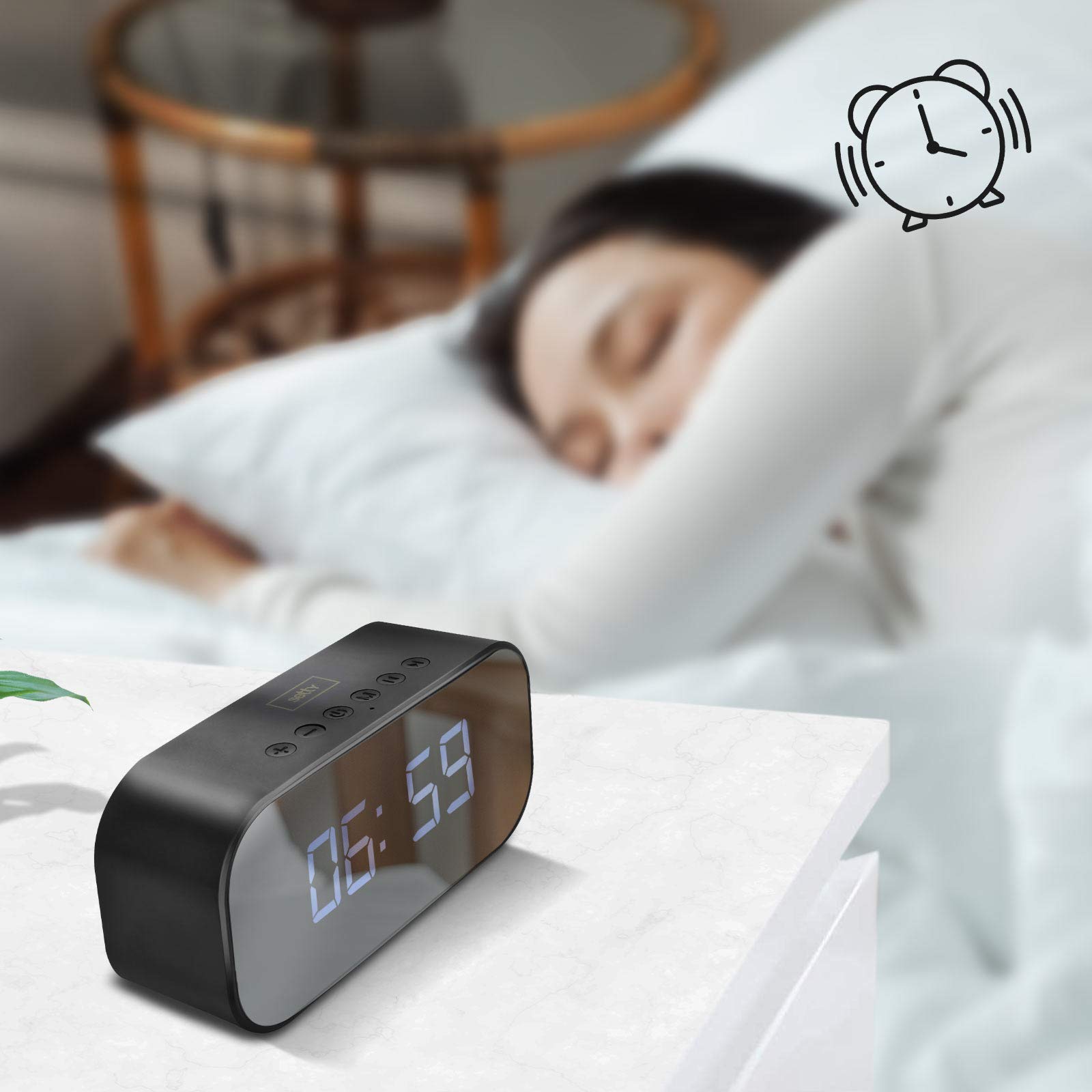 Réveil-Horloge Miroir Bluetooth Avec Enceinte | Autonomie 5h | Radio, Lecteur Micro-SD, Entrée Auxiliaire | Affichage LED Clair