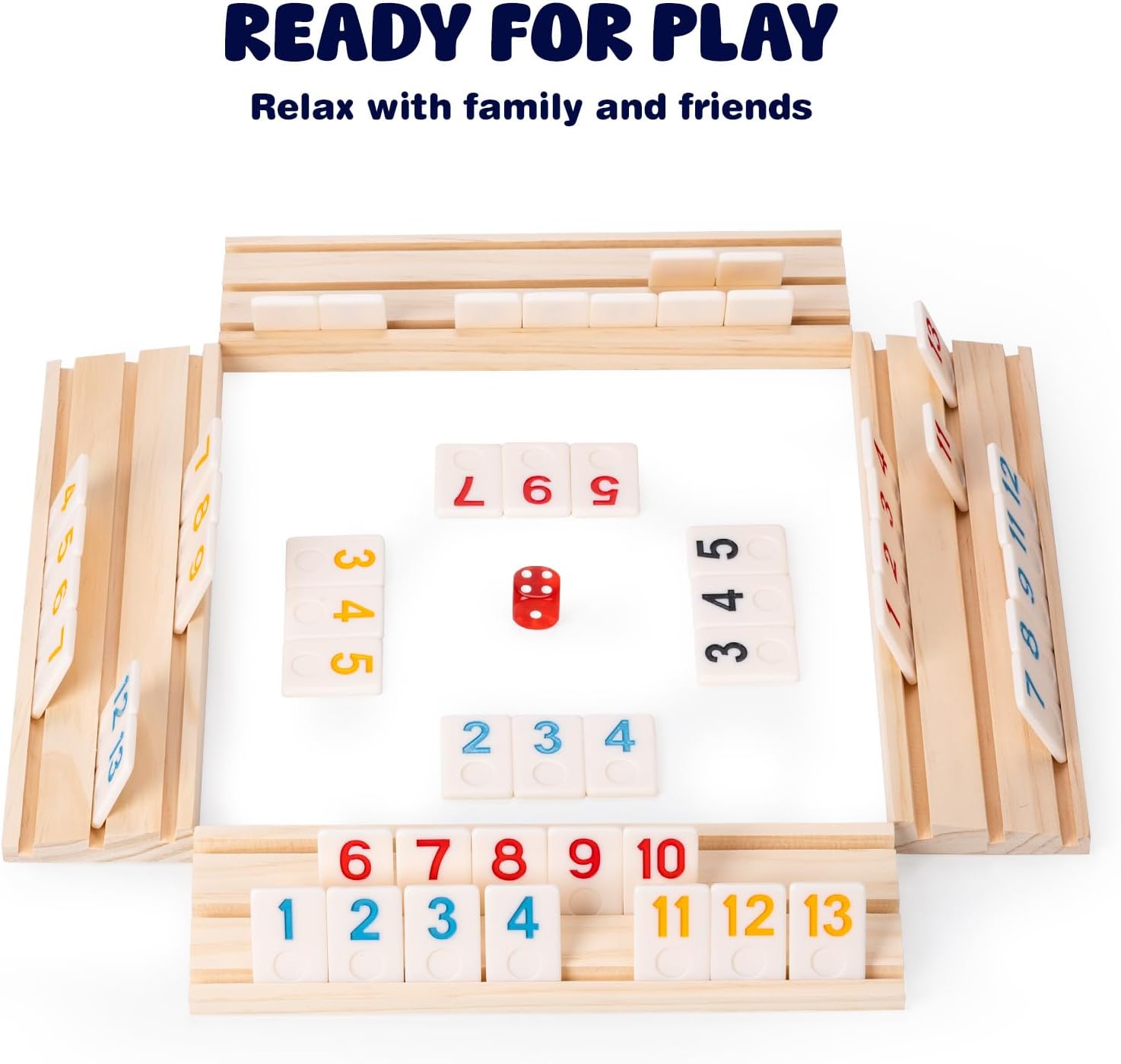 Rummy Cube Game Set, 106 Rummy Tiles with 4 Wooden Racks/Trays, Portable Carrying Case, Classic Family Board Game for Travel and Fun Gatherings