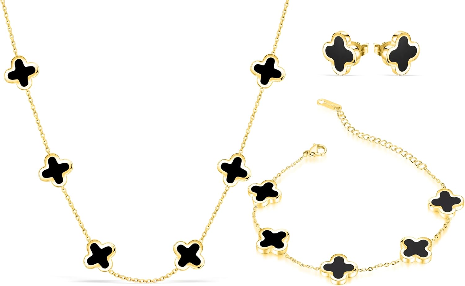 SHINYY Four Leaf Clover Necklace Bracelet Earring Set for Women | 18K Gold Plated 4 Leaf Lucky Jewelry