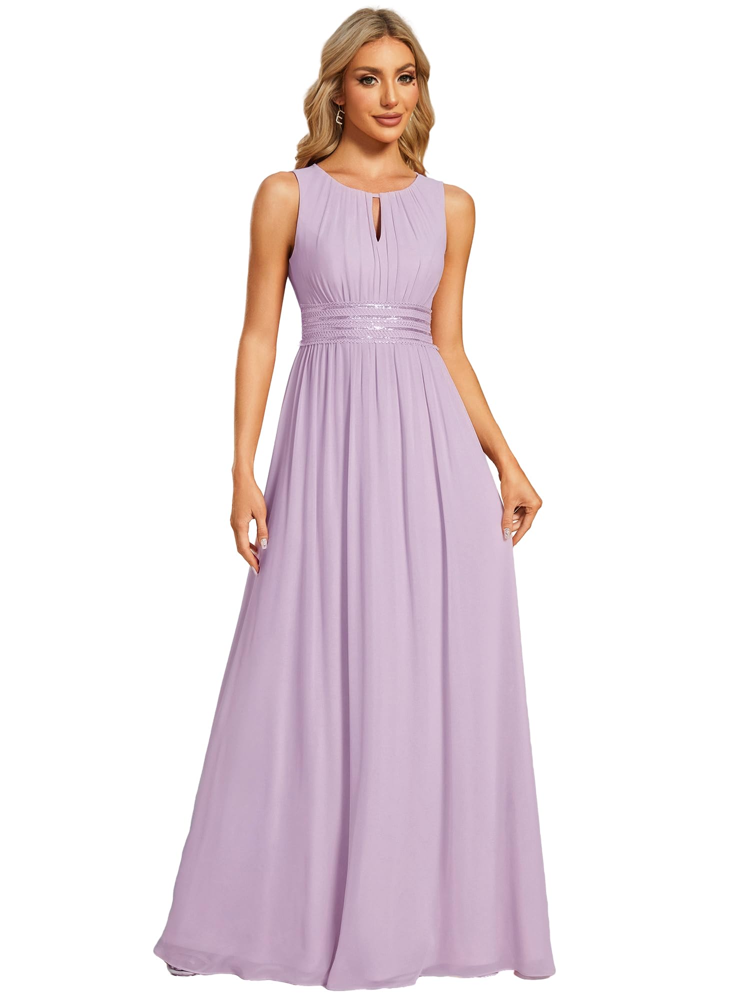 Ever-Pretty Abendkleid Lang Elegant für Hochzeitsgäste Ärmelloses Ballkleid mit Halterneck Raureifflieder 46