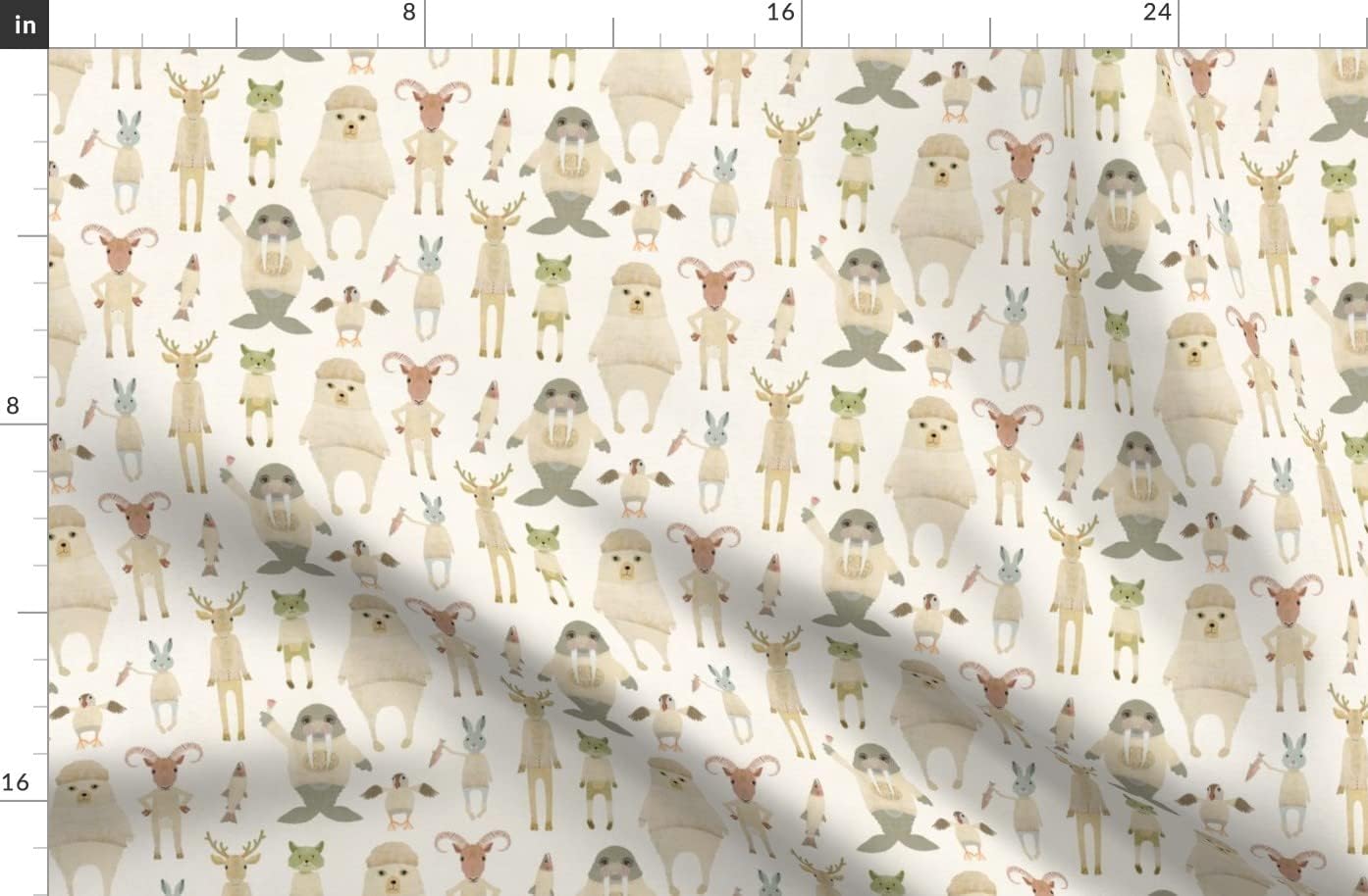 Spoonflower Fabric - Animals Arctic Circle Pale Colors Cute Fox Rabbit Polar Bear Puffin Printed on Organic Cotton Sateen Fabric by The Yard - Sewing Quilting Apparel Home Decor