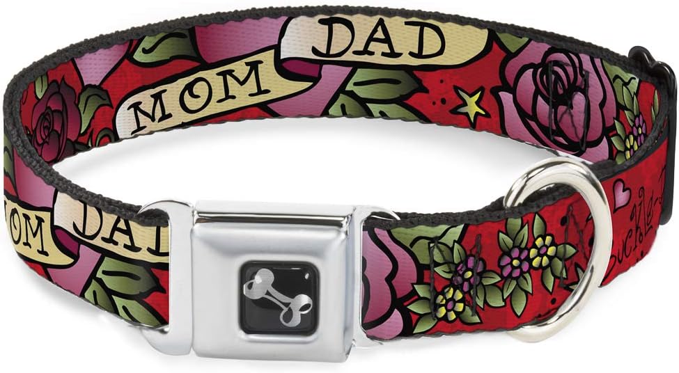 Buckle-Down Seatbelt Buckle Dog Collar - Mom & Dad Red - 1" Wide - Fits 11-17" Neck - Medium