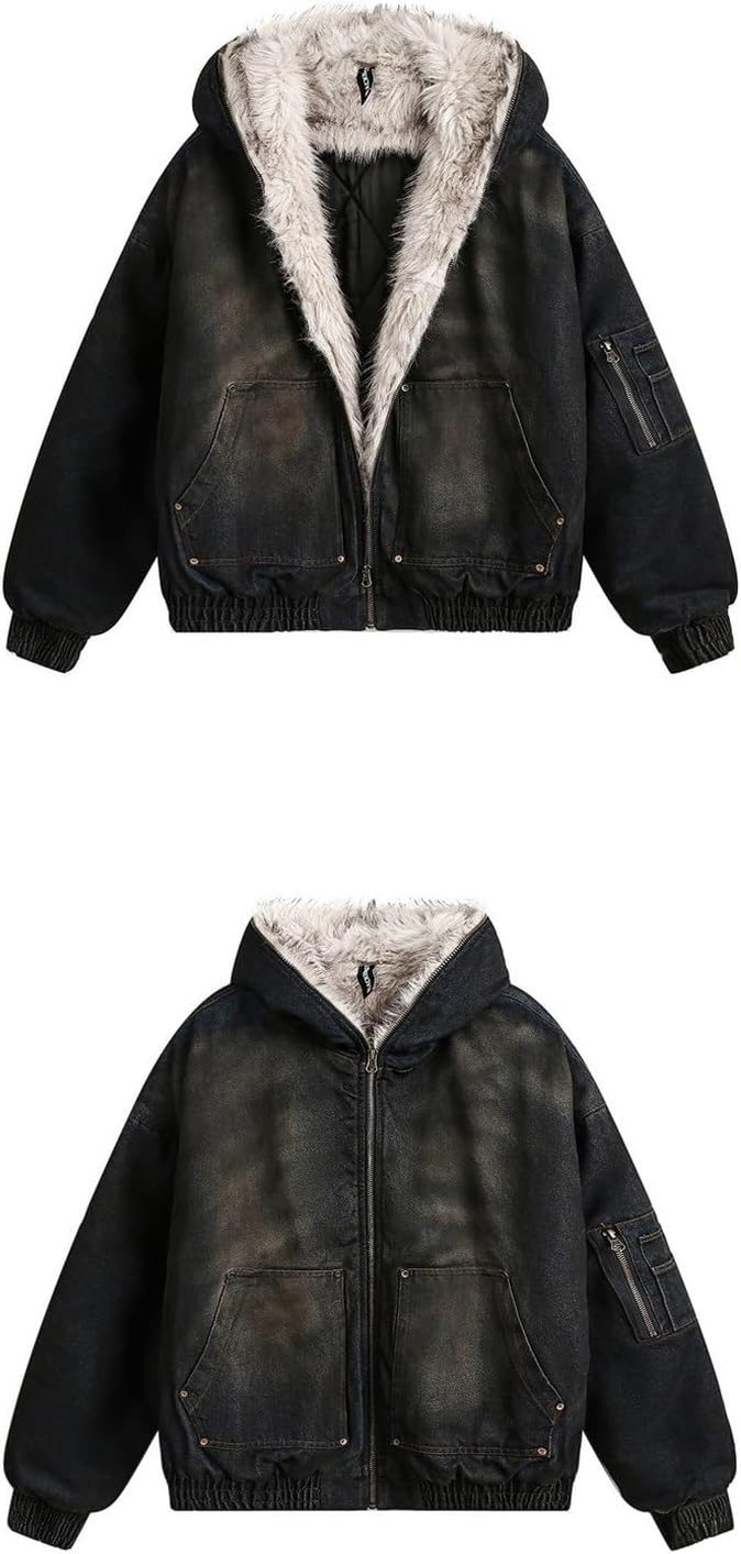 [WOOYOO] 裏起毛 デニムジャケット MA-1 ブルゾン フェイクファーフード付き 中綿コート メンズ ボアジャケット フラッ