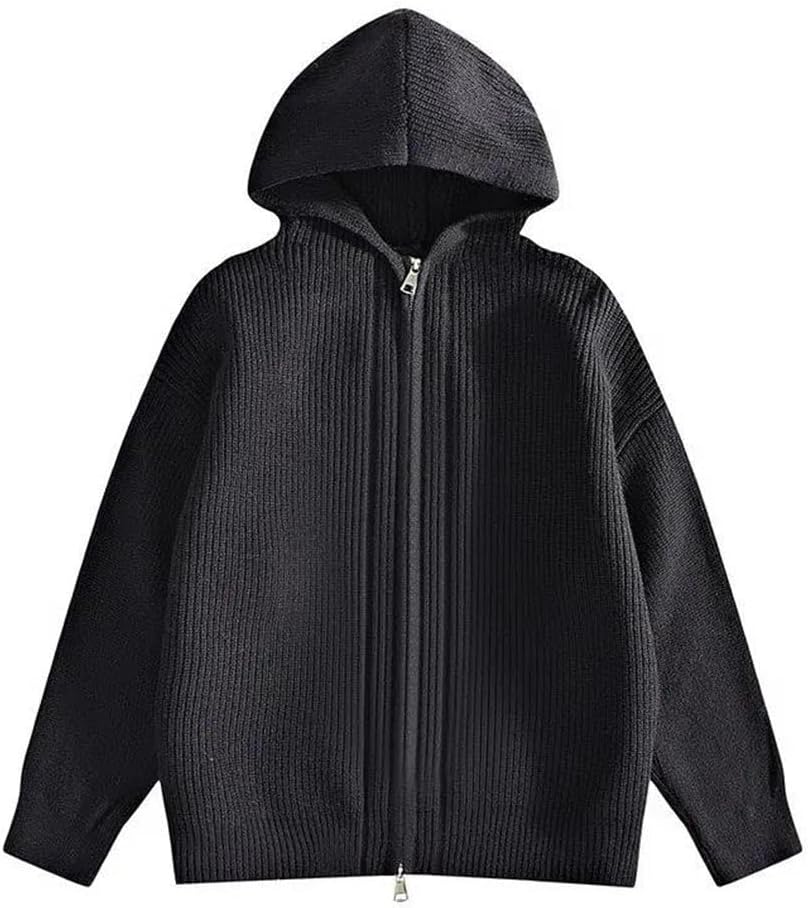 Men's Hooded Knit Cardigans Solid Color Zipper Thick Warm Casual Knitted Sweater Cardigan