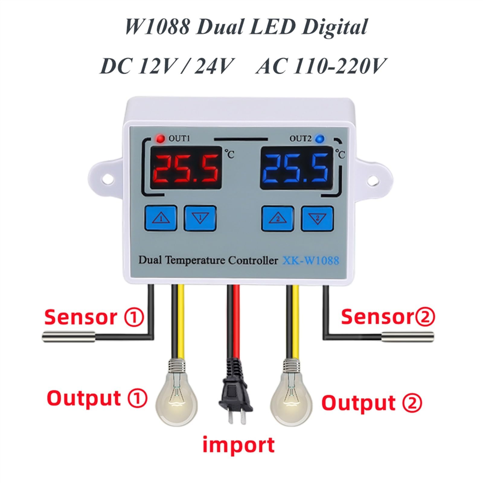 W1088 Doppio LED Digitale Sensore di Temperatura Misuratore Regolatore Termostato Riscaldamento Elettrico 220V Incubatrice Termoregolatore