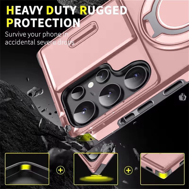 Image of LuxuryKase Shockproof Rugged Case for Samsung Galaxy S25 Ultra | Slide Camera Cover | 360 Rotating Ring Kickstand | Military-Grade Protection - Rose Pink