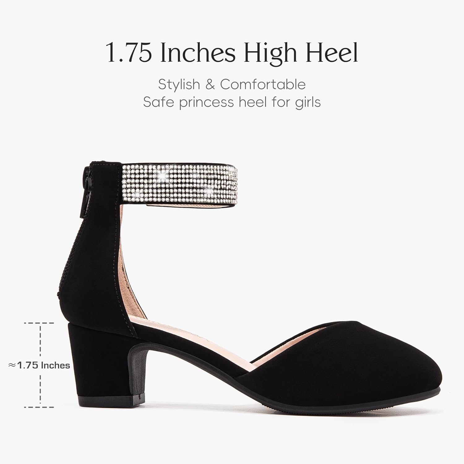 Girls Dress Shoes with Rhinestone Ankle Strap Closed Toe High Heels for Little Big Kids Wedding Party - Image 5