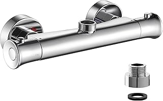 kisimixer Thermostatic Shower Mixer Bar Valve Top Outlet, Wall Mounted Shower Mixer Tap Modern, Outlet Up Bar Shower Valve with 3/4" BSP (26.4mm) to 1/2" BSP (21mm) Pipe Adaptor, Anti Scald,Chrome