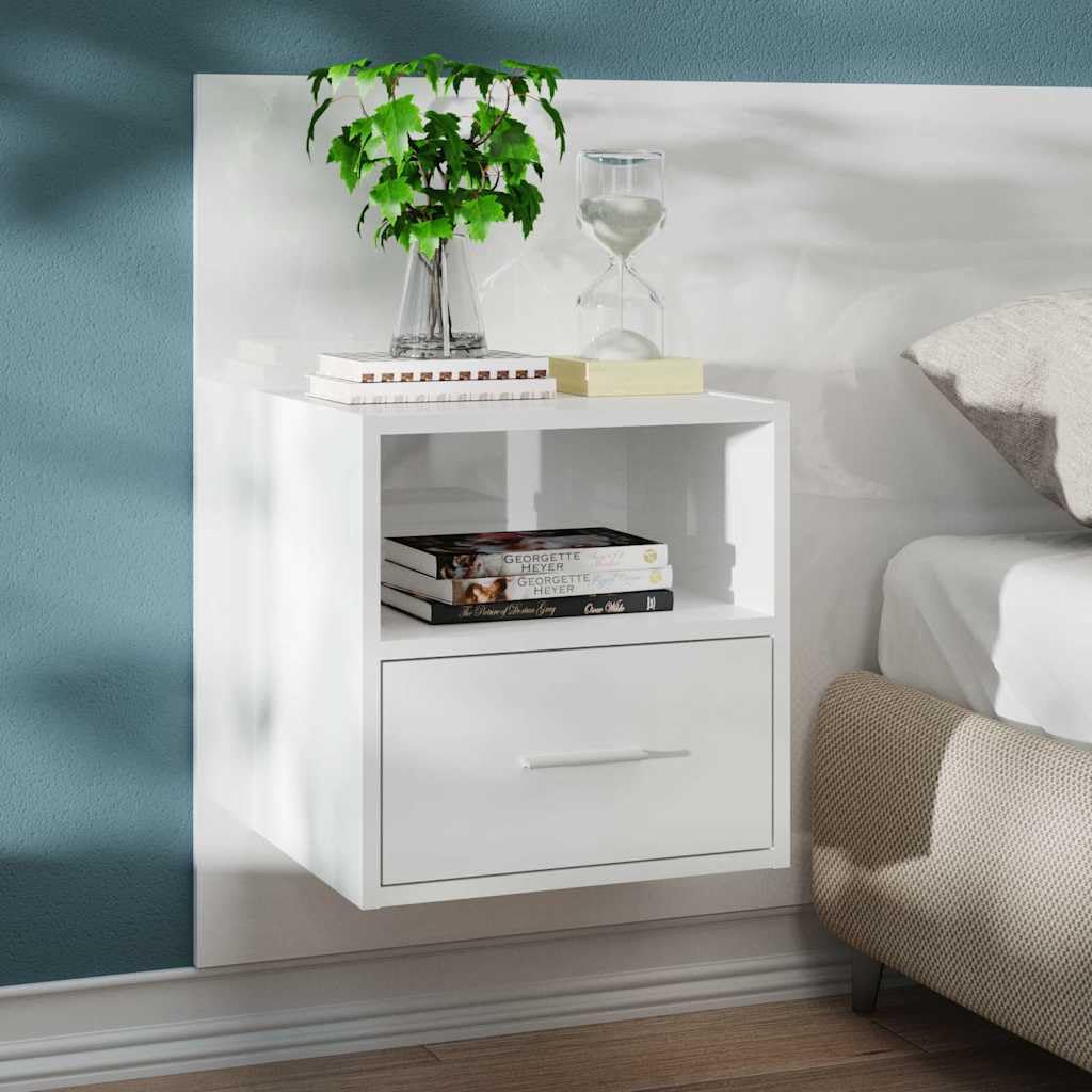 Mesita de noche de pared con cajón, color blanco brillante