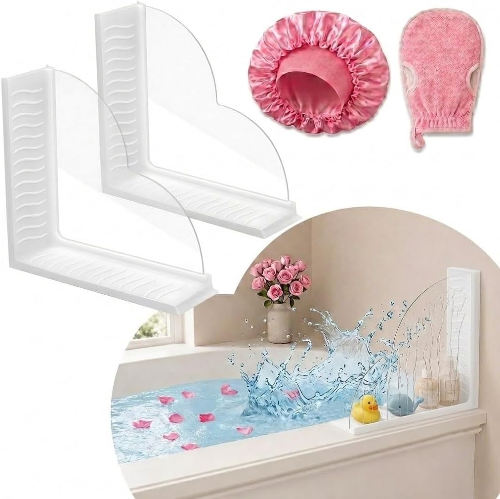 No-Adhesive 2-Pack Acrylic Silicone Bathtub Splash Guard,Tall & Flexible Shower Water Blocker with Strong Suction Cups,Reusable, Keeps Water in, Ideal for Family,Rentals&Small Bathrooms (White)