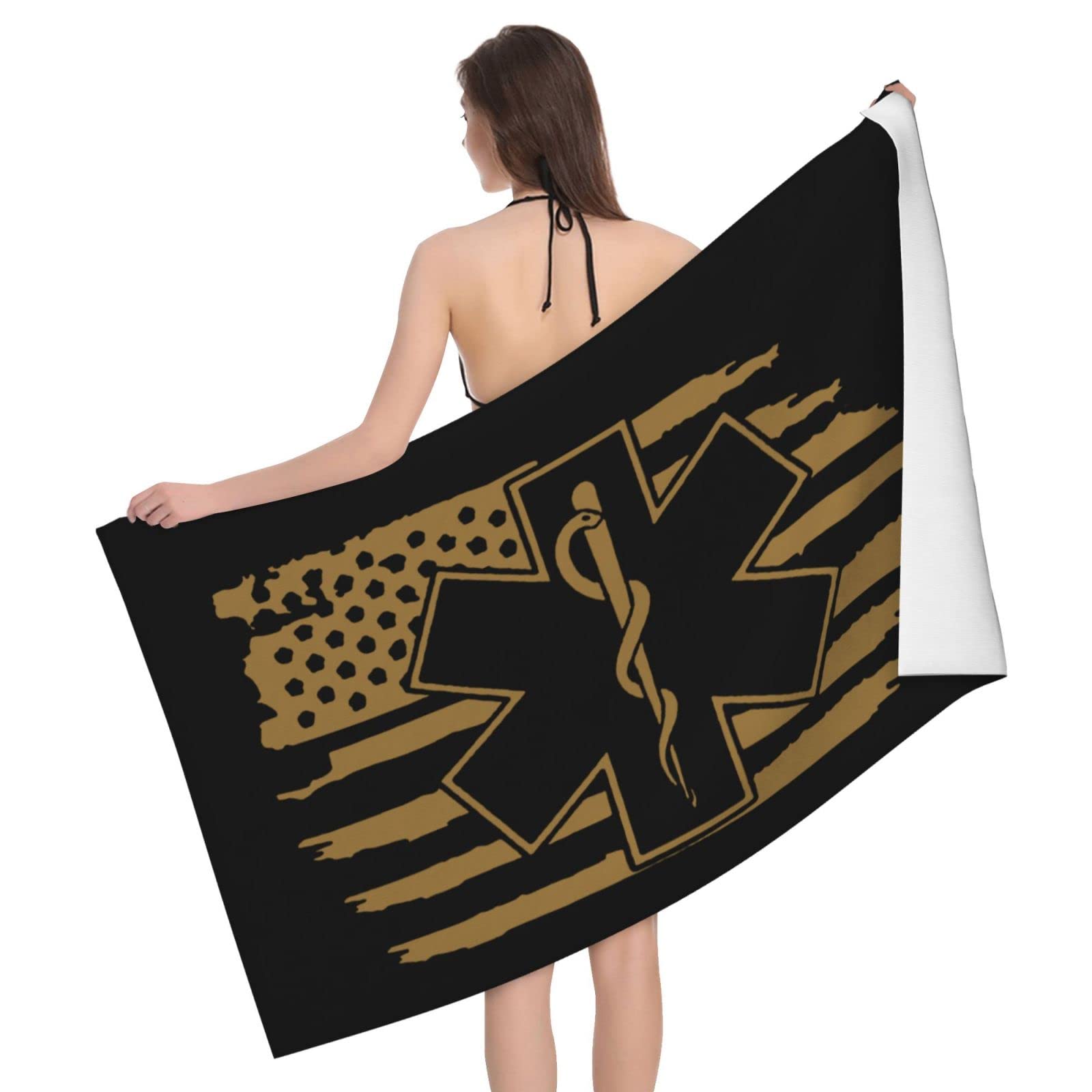 Lsjuee American Flag EMS Star of Life EMT Microfiber Bath Towel Absorb Water Quick Dry Bath Towel, for Beach, Swimming Pool, Camping