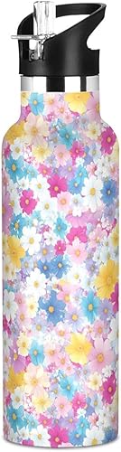 Miniatura 24 de Botella de agua reutilizable con aislamiento de doble pared con diseño de flores para el Día de los Padres, aislada, con tapa de popote, sin BPA, a