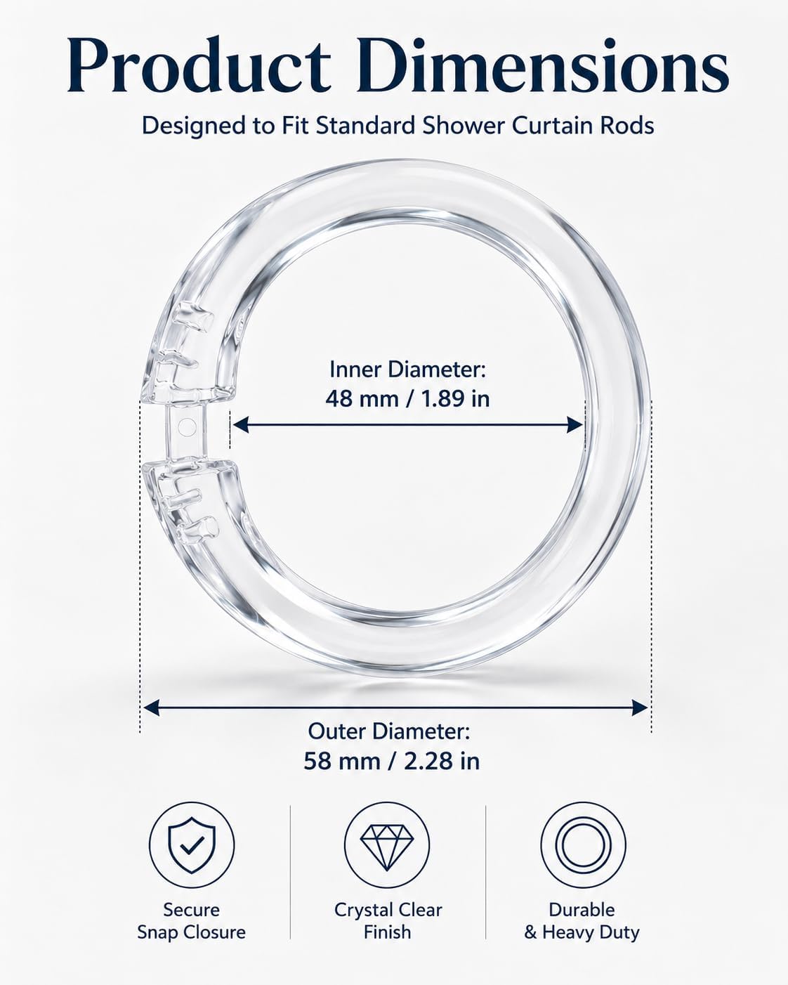 Easy Ring Plastic Shower Curtain Rings, 12 pcs, Transparent