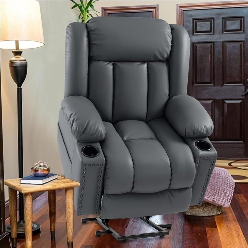 Large Electric Lift Recliner for Elderly Adults Overstuffed Heated Massage Adjustable Breathable Leather Three Position USB A USB C Cup Holder Comfortable Grey Sofa