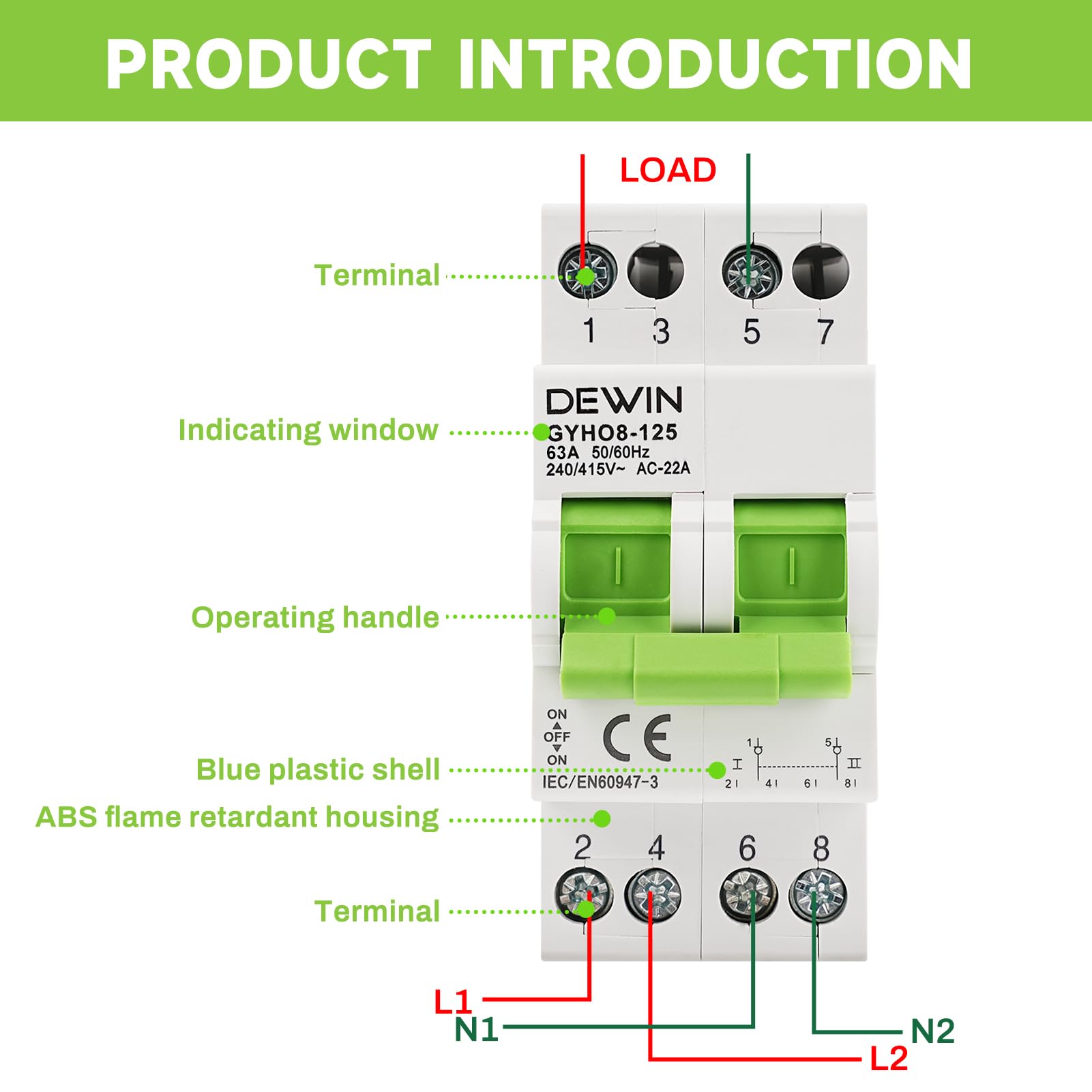 DEWIN Transferschalter 2 Polig, Transferschalter Hutschienen Manueller Transferschalter Dual Power Transfer Isolation Switch 2P 63A AC 230V